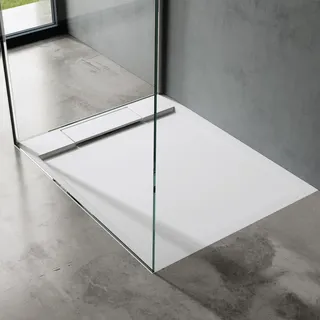 doporro Duschtasse Duschwanne 90x100x4 flach Mineralguss in Weiß DIN-Anschlüsse für bodengleiche Montage geeignet Geoma04 -