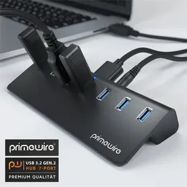 Primewire USB 3.2 Gen2 Hub, 7 Port Aktiver Verteiler mit Netzteil, 10 Gbit/s - Schwarz