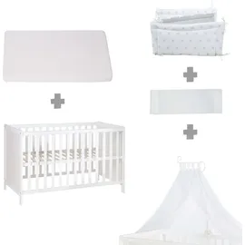 roba Mulitfunktionsbett Sterne grau mit Beistellfunktion, Lattenrost, Matratze, Bettreduzierer, Himmel, Himmelstange, Kinderbett, Anstellbett, Babybet, 0176W-16V191, weiss