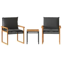 vidaXL 3-tlg. Bistro-Set mit Kissen Schwarz Poly Rattan Akazienholz