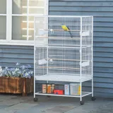 Pawhut Vogelkäfig Mit Rollen, 78 X 52 X 132 Cm, Mit Herausnehmbarer Schale Und Ablage Für Kanarienvögel Und Wellensittiche, Weiß
