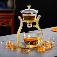 Aoheuo Lazy Kungfu Glas Tee Set Wasserableitung Drehbare Abdeckung Schüssel Halbautomatische Glas Teekanne Anzug (Gold)