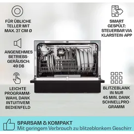 Klarstein Mini-Geschirrspüler für 6 Gedecke, Leiser Geschirrspüler Klein mit 7 Spülprogrammen, Kleiner Einbau Tisch-Geschirrspüler für Zuhause, Büro & Camping, mit Wasseranschluss