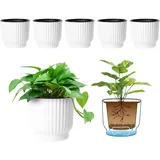 T4U 15cm Selbstbewässerung Blumentopf mit Untersetzer, Blumentopf Draussen und Innen für Orchideentopf, Kunststoff Selbstbewässerungstopf Klein Weiß 6er-Set