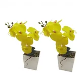 XIZHI Künstliche Orchideen mit Vase, 25,4 cm, künstliche Pflanze, Bonsai, Seidenblumen, Schmetterling, Orchidee mit Topf für Hochzeit, Büro, Heimdekoration, Innendekoration, 2 Stück (gelb)