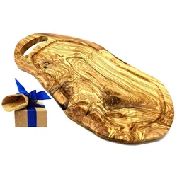 Tranchierbrett OLIVENHOLZ-ERLEBEN "Steakbrett mit Saftrille und Grifflasche Olivenholz 45-49 cm", braun, B:22cm H:1,5cm L:47cm, Hartholz, Schneidebretter, die Saftrille fängt Flüssigkeit gezielt auf