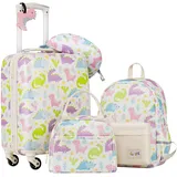 COOLIFE 5tlg Kinderkoffer mit Rucksack, Kindertrolley aus Kunststoff, Kindergepäck, Kinder Kofferset Handgepäck Reisegepäck Hartschalenkoffer für Jungen und Mädchen(Dinosaurier, Koffer-Set 5-TLG)