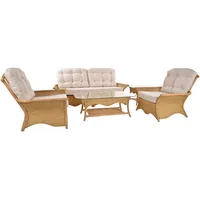 Krines Home Sitzgruppe Set/5 Sitzgruppe Sean Wohnzimmerset Rattan Rattanmöbel Set (Creme), (5-tlg., 1x Dreisitzersofa, 2x Rattansessel, Wohnzimmertisch, Ecktisch), Garnitur aus Rattan Naturmaterial für 5 Personen beige