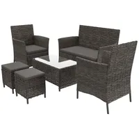 garmio GARMIO® ASTI Rattan Sitzgruppe 6-teilig Polyrattan Gartenmöbel Set mit 2 Sesseln, 2 Hockern, Bank + Hartglas-Tisch wetterfest & wasserabweisende Kissen