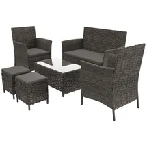 garmio GARMIO® ASTI Rattan Sitzgruppe 6-teilig Polyrattan Gartenmöbel Set mit 2 Sesseln, 2 Hockern, Bank + Hartglas-Tisch wetterfest & wasserabweisende Kissen