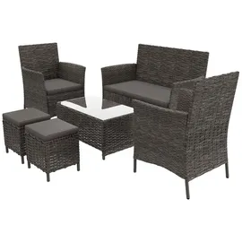 garmio GARMIO® ASTI Rattan Sitzgruppe 6-teilig Polyrattan Gartenmöbel Set mit 2 Sesseln, 2 Hockern, Bank + Hartglas-Tisch wetterfest & wasserabweisende Kissen
