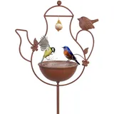 GHIAKQYT Vogeltränke Vogelbad Vogelbecken Futter Schale Wasserstelle Stehend Vogeltränke auf Gartenstab, Wassertränke Tränke Wasserschale aus Gusseisen,Gartenstecker (Rostfarbe 1)