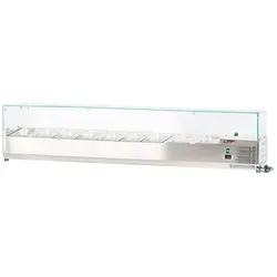 Romux® Kühlvitrinen für Tapas 200x39x44 cm aus Edelstahl und Glashaube mit 10 Becken GN 1/3 | Gekühlte Vitrine mit digitalem Dixell-Thermostat