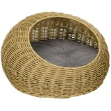 PawHut Rattan Katzenkorb Katzenhaus Katzenhütte mit Kissen für Katzen bis 4 kg, Haustierbett Katzenhöhle, Indoor, PE-Rattan, Ø50 x 31 cm, Hellbraun