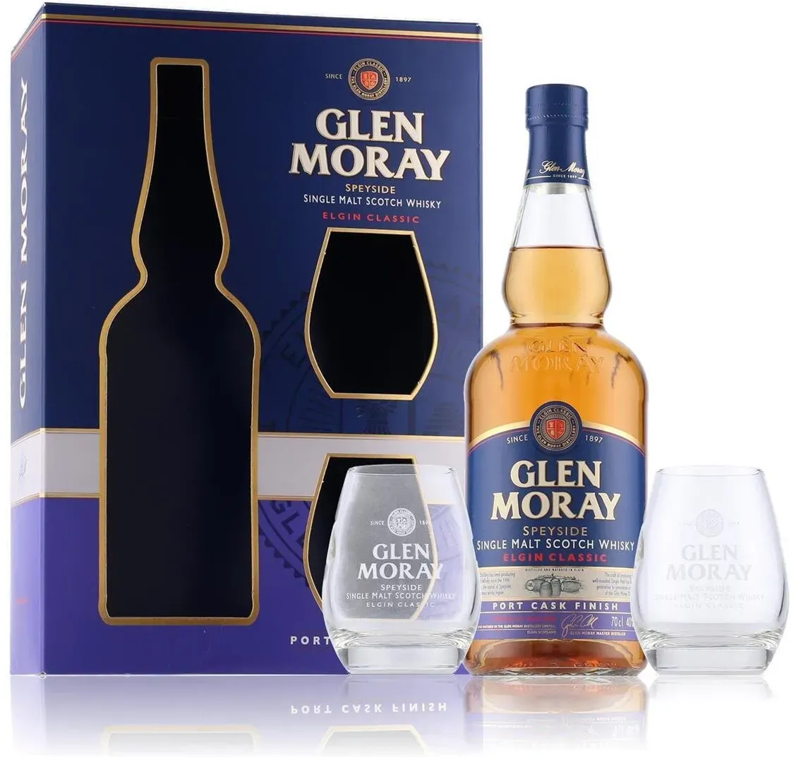 Glen Moray Elgin Classic Port Cask Finish Whisky 40% Vol. 0,7l in Geschenkbox mit 2 Gläsern