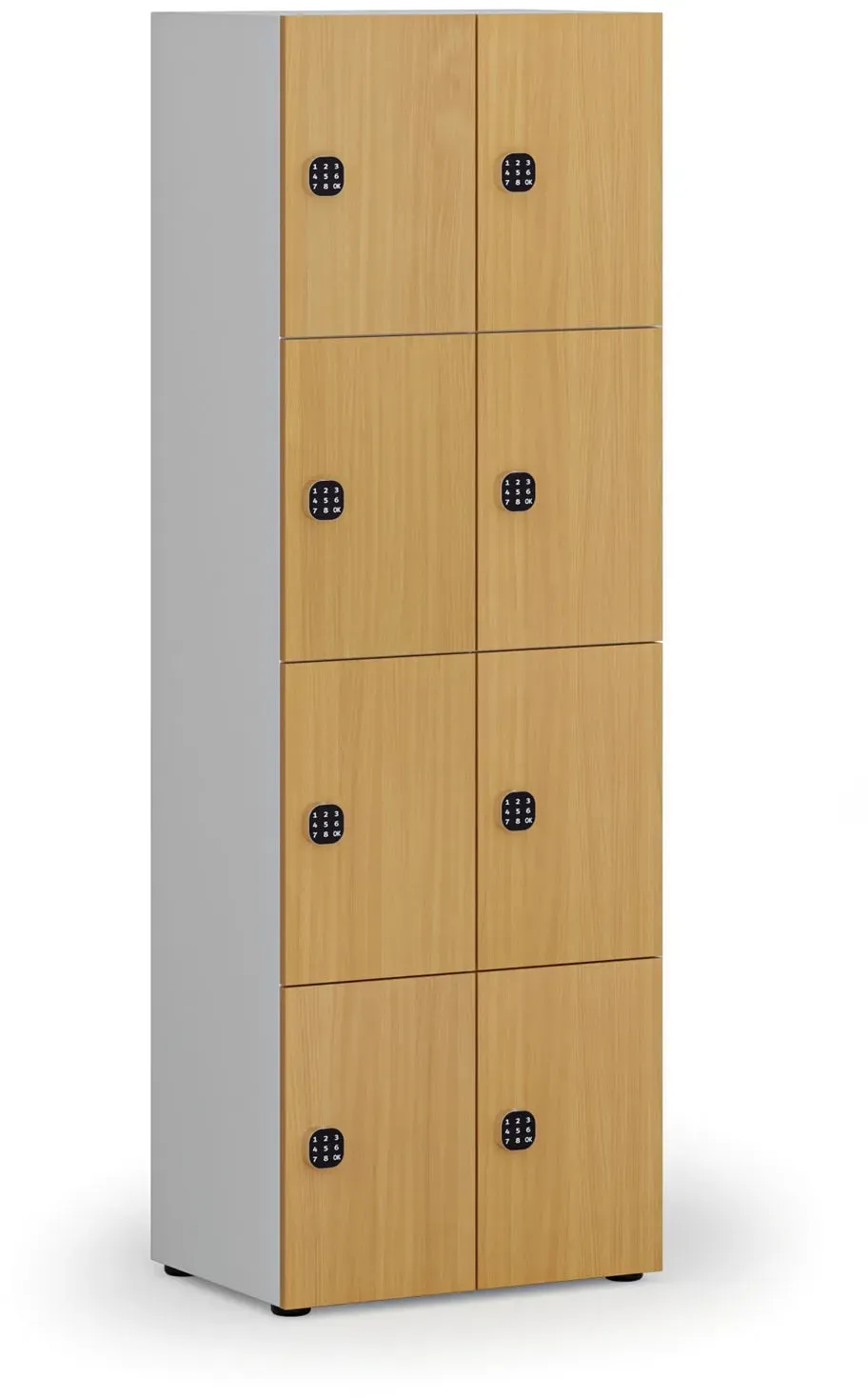 Holzspind S4 mit Ablagefächern, 8 Fächer, zerlegt, Codeschloss, grau/Buche