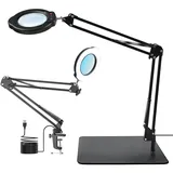 Upgrade 15X Magnifying Glass with Light, LED Desk Lamp with Base and Clamp, 5 Color Modes, 10 Stepless Dimmable, 84 LEDs, 4.2" Diameter Real Glass Lens LED Magnifying Glasses for Reading Work Repair