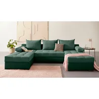 Wohnlandschaft INOSIGN "Josy U-Form" Sofas Gr. B/H/T: 269cm x 41cm x 161cm, Microvelours-Cord, Recamiere beidseitig montierbar, mit Bettfunktion und Bettkasten, grün (flaschengrün) inkl. Bettfunktion, Bettkasten und Kissen, mit 2 Recamieren