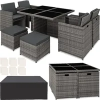 tectake® Lounge Möbel Set 4X Stühle, 4X Hocker, 1x Tisch, platzsparende Cube Aufbewahrung, Outdoor Rattan Gartenmöbel für Balkon, Garten und Terrasse, mit Abdeckung und Wechselbezügen - grau