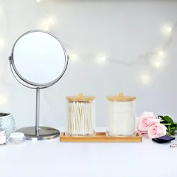 Relaxdays Wattestäbchenbehälter mit Tablett, 2 Becher m. Deckel, Kosmetik Organizer Kunststoff/Bambus, transparent/natur