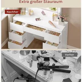 Woltu Schminktisch mit Spiegel LED-Beleuchtung, Steckdose, 7 Schubladen, Weiß