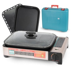 ZMC Gaskocher 2in1 Gas Kocher Campingkocher Grillplatte Gasgrill Outdoor Camping, (Gaskocher 2.1KW Outdoor Camping Kocher Kochfeld), Herd Tragbarer Tischgrill Grillpfanne+Transportkoffer