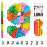 Relaxdays - 4 tlg. Pinata Set Geburtstag Zahl 9, xxl Konfetti Sack, Pinatastab m. Augenmaske, Geburtstagspinata, Stock & Maske, bunt
