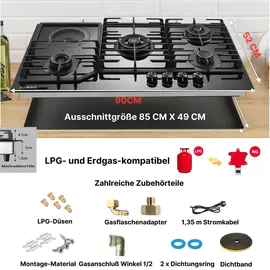 KB Elements Gaskochfeld 4-flammig und 1 Glaskeramik Kochfeld, Gaskochfeld 90cm, LPG/NG, Kupfer- und Aluminium-Brennern, hitzebeständigem Glas, Autark - Schwarz