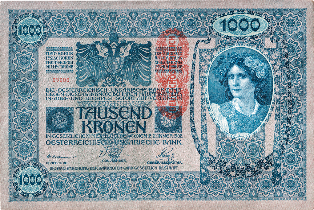Österreich 1000 Kronen 1902 mit Stempel "Deutschösterreich"