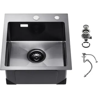 Vevor Küchenspüle Einbauspüle Spülbecken 40 cm aus Edelstahl Spülen zur Montage auf der Oberseite, Einzelbecken mit Zubehör, Haushaltsspülbecken für Wohnmobil Vorbereitungsküche Bar (schwarz)