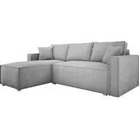 Ecksofa mit Schlaffunktion und Bettkasten NOEMI 145x235 cm, Eckcouch Cord Hellgrau, Sofa L-Form, Universal Ottomane, Couch mit Wellenfeder - PS 55 - Grau