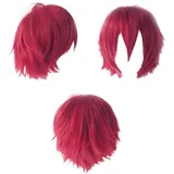 Anime Cosplay Perücke Dunkelrot Kurze Perücken Damen Herren Synthetische Gerade Fancy Dress Perücke Gewellt Glatt Perücken Halloween Karneval Kostüm Party Perücke mit Gratis Mütze für Frauen Männer