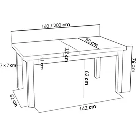WFL GROUP Moderner Rechteckiger Ausziehbarer Esstisch - Platzsparend - Weiße Holzbeine - 160 bis 200 cm - Hergestellt in EU - 160 x 80 cm - Grau Beton