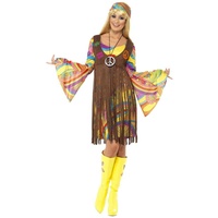 shoperama 1960s Groovy Lady Hippie Damen-Kostüm Kleid Fransen-Weste Stirnband 70er Jahre Seventies Sixties Flower Power Festival, Größe:XL