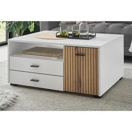 furn.design Couchtisch weiß Eiche 90 x 70 cm, mit Soft-Close und Staboptik - Weiß