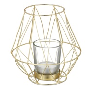 Relaxdays Teelichthalter, geometrisches Design, Kerzenhalter mit Votivglas, Metall, Kerzenständer, Gold, 14 x 14 x 14 cm