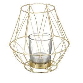 Relaxdays Teelichthalter, geometrisches Design, Kerzenhalter mit Votivglas, Metall, Kerzenständer, Gold, 14 x 14 x 14 cm