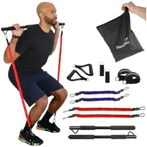 Skandika Trainingsbänder Multi-Widerstandsbänder mit Stange, Krafttraining, 3 Widerstandsstufen, Online Trainingsguide,viel Zubehör