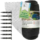 TTL Garden 4x6m Teichnetz Vogelschutznetz schwarz 30g/m2 - 12x12mm engmaschig Starkes HDPE Poolnetz Obstbaumnetz Gartennetz, Vogelabwehr Netz, reißfest dehnbar robust mit 8 Bodenanker