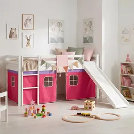 Homestyle4u Hochbett 90 x 200 cm Kiefer massiv lackiert weiß mit Vorhang pink