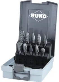 RUKO Kleinfrässtiftesatz Schaft-D.10/12mm 10tlg.HM Verz.Kreuz Ku.-Kassette