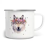 miKalino Emaille Tasse Mädchen - Trinkbecher Kinder personalisiert - Emaille Becher mit Wolf-Motiv - Kindertasse mit Namen - Kindertasse bedruckt - Emaille Becher Weiß,Ohne Name