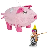 Relaxdays Pinata Schwein, zum Aufhängen, Kinder, Mädchen & Jungs, Geburtstag, zum Befüllen, Papier, Tier Pinata, rosa