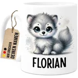 Tassenliebling® Wolf Tasse personalisiert – Kindertasse mit Namen – Tiere Geschenke – Tasse mit Namen Kind – Personalisierte Geschenke Kinder – Kinderbecher aus Keramik 330ml