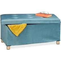 Relaxdays Sitzbank mit Stauraum, Polster, Samtbezug, Holzfüße, bis 120 kg, faltbar, Sitztruhe HBT: 34x76x38 cm, türkis