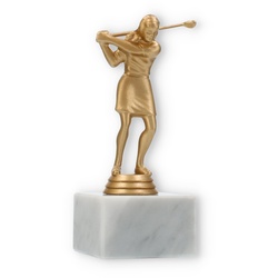 Pokal Kunststofffigur Golf Damen goldmetallic auf weißem Marmorsockel 17,0cm