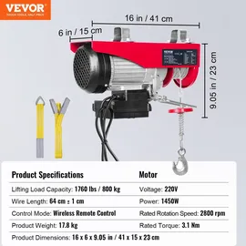 Vevor Flaschenzug Metall 400kg bis 800kg Hubhöhe 12m rot/silber