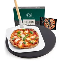 DOLCE MARE Pizzastein schwarz & rund Inkl. Aluminium-Pizzaschieber - Pizza Stein aus hochwertigem Cordierit für Backofen & Grill - Backstein für Pizza wie beim Italiener - auch als Brotbackstein