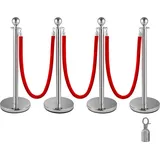 Vevor Edelstahl Absperrpfosten Seil Abgrenzungsständer Kugelkopf 3 Rote Samtseile Silberne Säule 4 Packung Crowd Control Barriers