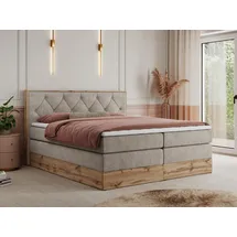 MKS Meble King Boxspringbett 160x200 mit Bettkasten Eiche, Polsterbett 160x200 mit Matratze H3, Bett 160x200 mit Kopfteil, Bett mit Holzrahmen in W... - Beige